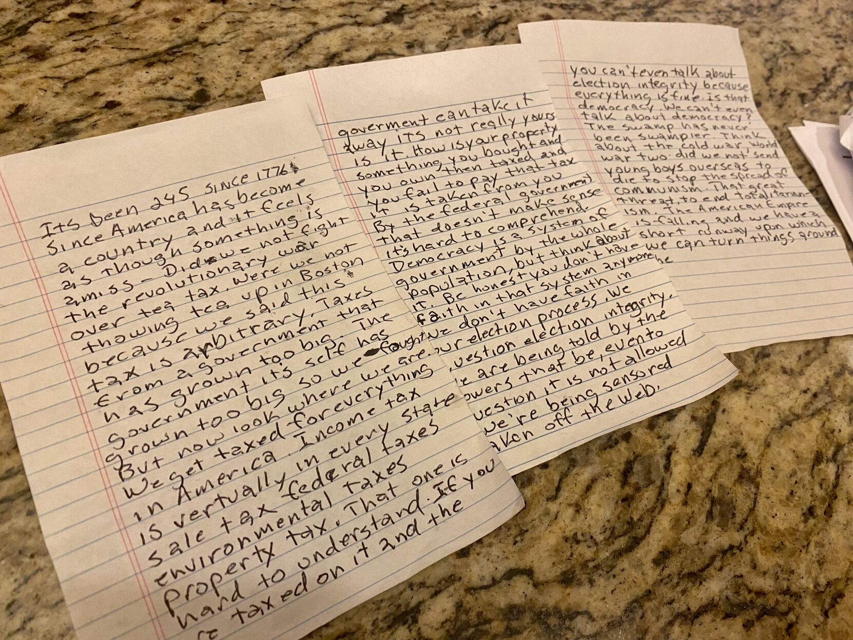 An early draft of a future stump speech written by Jesse James Brown.